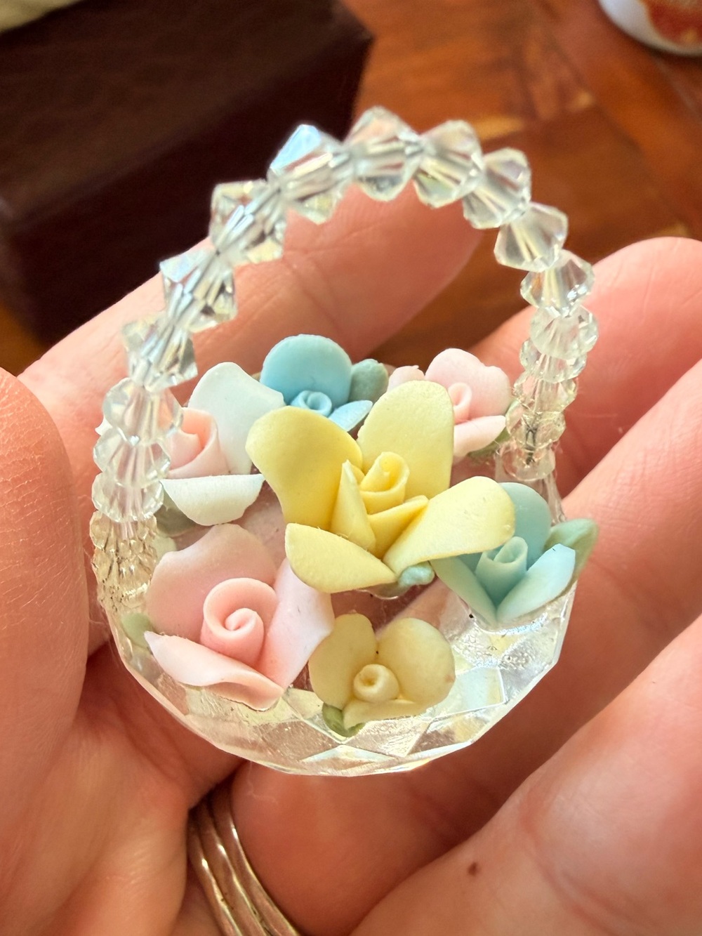 Miniature Crystal BASKET Porcelain Blue, Pink, Lavender Flowers Vintage QVC